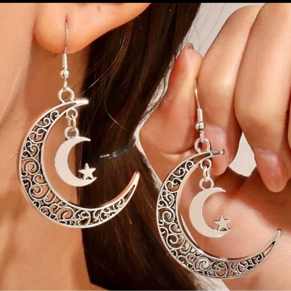 Silver Crescent Moon & Star Dangle Earrings - Women Jewelry